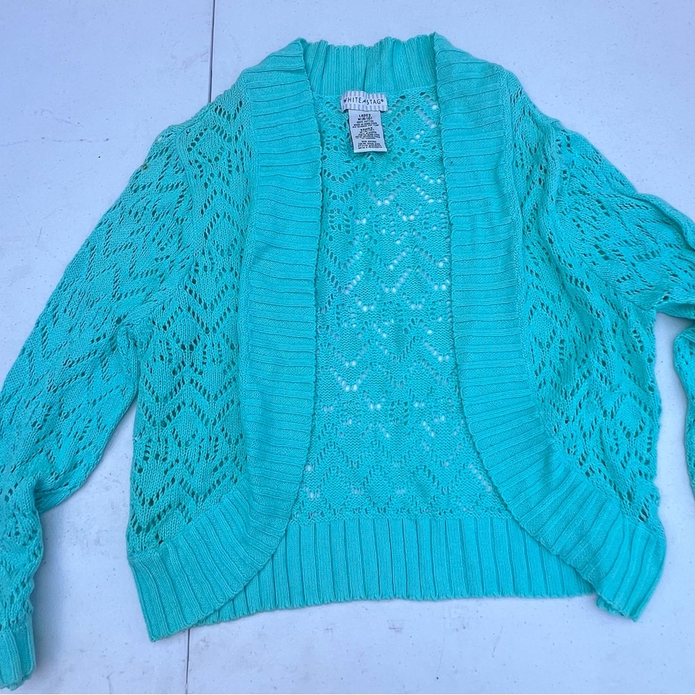 White Stag Blue Cardigan with Geometric Knit Pattern